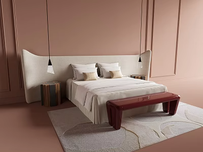 Curved Upholstered Double Bed In Soft Pink Bedroom With Pendant Lights And Red Bench 3d model