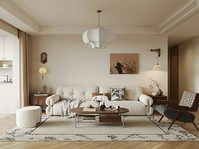 Warm Cream Tone Living Room With Plush White Sofa And Elegant Modern Home Decor 3d model