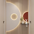 Modern Entryway Corridor With Circular Decor Illuminated Lighting Green Plant And Rabbit Figurine On Shelf