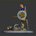 Standing Man In Blue And Gold Armor With Sword Shield Fallen Armor On Round Base