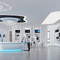 Modern Tech Inspired Exhibition Hall Featuring Circular Display Counter Digital Screens And Ceiling Lighting