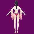 Woman in Red Bikini and Shorts with Pink Fringed Shawl and Headpiece on Purple Background