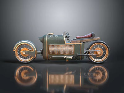 Vintage Industrial Motorcycle With Copper Wheels Red Leather Seat And Metal Grille Design 3d model