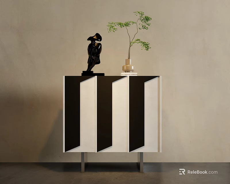 Modern Entryway Cabinet Sideboard with Black White Striped Design Metal Legs Decorative Figurine and Green Plant 3d model 