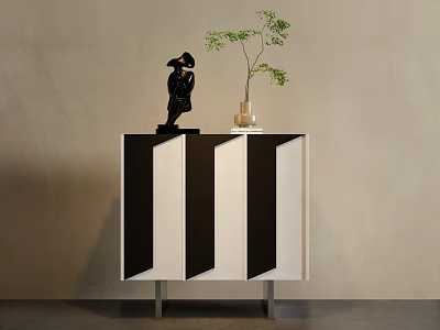 Modern Entryway Cabinet Sideboard with Black White Striped Design Metal Legs Decorative Figurine and Green Plant 3d model