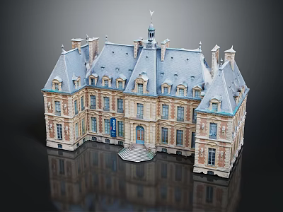 Classical European Architecture With Symmetrical Design Gabled Roofs Arched Windows And Stone Facade 3d model