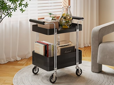 Black Rolling Two Tier Storage Cart in Living Room with Books and Decor 3d model