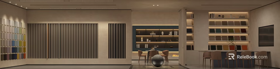 Modern Neutral Tone Interior With Vertical Slat Partition Shelves Dining Table And Spherical Decor 3d model 