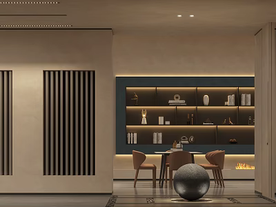 Modern Neutral Tone Interior With Vertical Slat Partition Shelves Dining Table And Spherical Decor 3d model