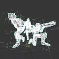 Three Game Movie Robot Characters With Blue Glowing Elements And Large Weapon In Battle Stance
