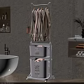 Standing Clothes Hanger in Bathroom with White Laundry Baskets and Hanging Coats Purse
