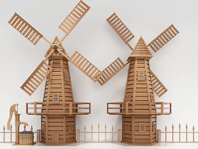 Miniature Wooden Windmill Structure With Tower Blades Fence And Decorative Details 3d model