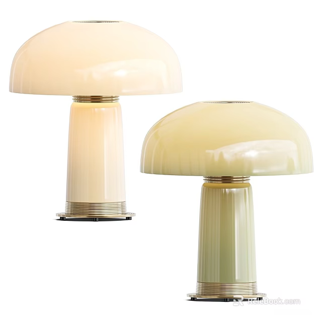 Cream Colored Mushroom Shaped Table Lamps With Ribbed Bases And Glass Shades 3d model 