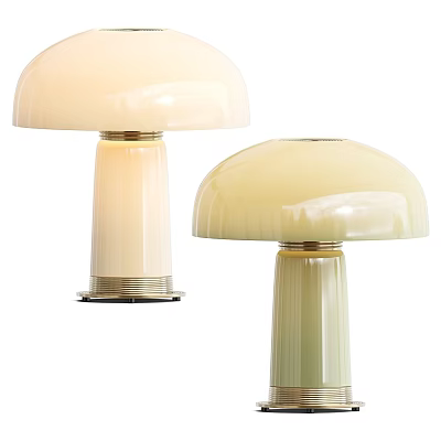 Cream Colored Mushroom Shaped Table Lamps With Ribbed Bases And Glass Shades 3d model