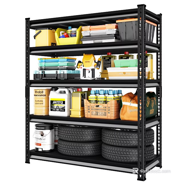 Industrial Storage Shelf With Storage Boxes Tools Tires Cleaning Bottles And Metal Cans 3d model 