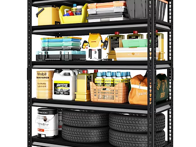 Industrial Storage Shelf With Storage Boxes Tools Tires Cleaning Bottles And Metal Cans 3d model