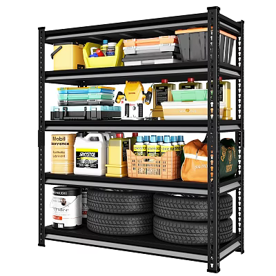 Industrial Storage Shelf With Storage Boxes Tools Tires Cleaning Bottles And Metal Cans 3d model
