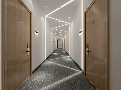 Hotel Corridor With Wooden Doors Geometric Pattern Flooring And Modern Linear Ceiling Lights 3d model