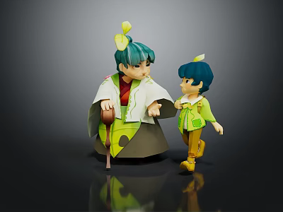 Game Movie Characters With Teal Hair White Robe Red Inner Green Top And Yellow Pants Figurine 3d model