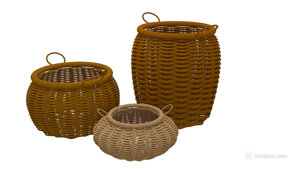 Three Wicker Baskets in Brown and Beige with Handles and Different Sizes 3d model 