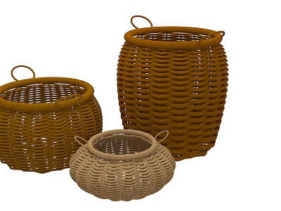 Three Wicker Baskets in Brown and Beige with Handles and Different Sizes 3d model