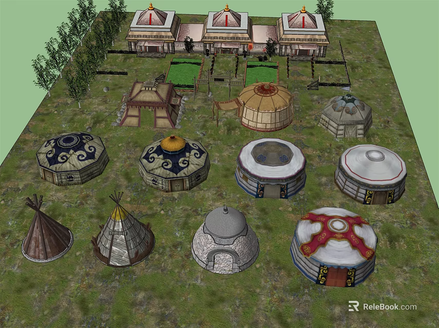 Traditional Domed Structures With Various Styles Surrounded By Trees And Decorative Details 3d model 