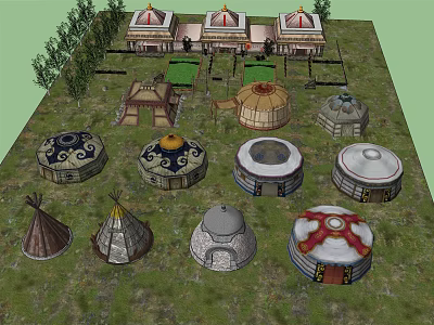 Traditional Domed Structures With Various Styles Surrounded By Trees And Decorative Details 3d model