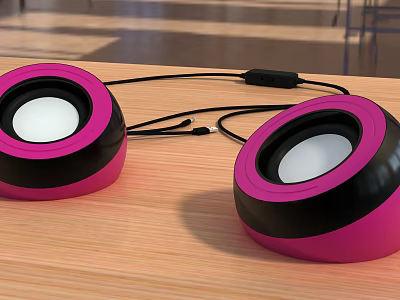 Pink And Black Desktop Speakers With Round Design On Wooden Table 3d model