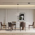 Modern Restaurant Interior With White Dining Table Six Brown Chairs Pendant Light And Black White Painting