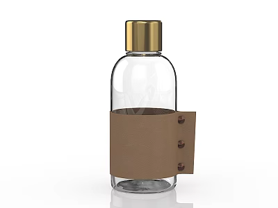 Transparent Glass Bottle With Golden Cap And Brown Leather Strap With Metal Buttons 3d model