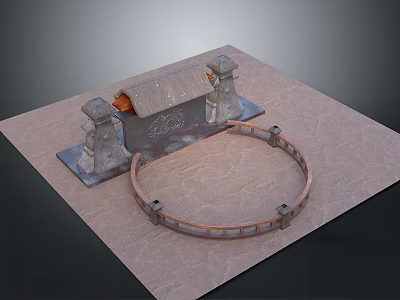 Stone Pillars Supporting Beam With Orange Detail And Circular Ring On Brown Platform 3d model