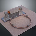 Stone Pillars Supporting Beam With Orange Detail And Circular Ring On Brown Platform