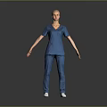 Woman in Blue Scrubs Standing Against Gray Background with Arms Naturally Outstretched