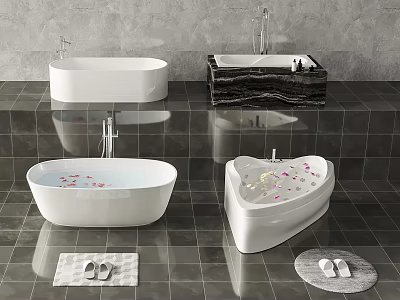 Various Bathtub Designs with Different Shapes Rose Petals Tile Floor and Bath Mats 3d model