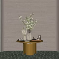 Elegant Decorative Ornament Set Including Vase White Flowers Green Foliage Candles On Golden Round Table