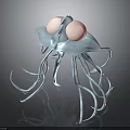 Glowing Transparent Jellyfish With Pink Body Blue Tentacles And Shiny Surface