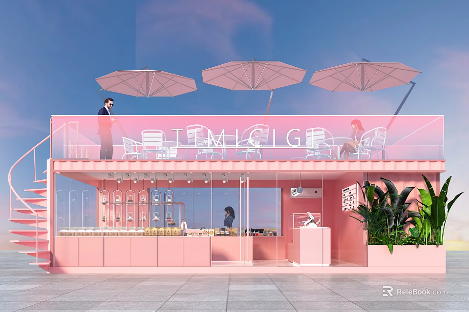 Pink Container Building with Open Design Outdoor Umbrellas Staircase Green Plants and Interior 3d model 