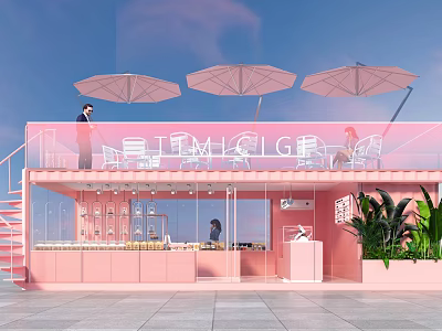 Pink Container Building with Open Design Outdoor Umbrellas Staircase Green Plants and Interior 3d model