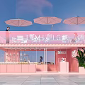Pink Container Building with Open Design Outdoor Umbrellas Staircase Green Plants and Interior