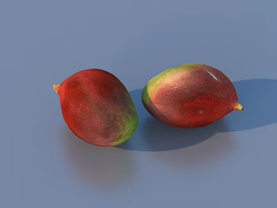 Two Fresh Ripe Mangoes With Red And Green Color On Blue Background 3d model