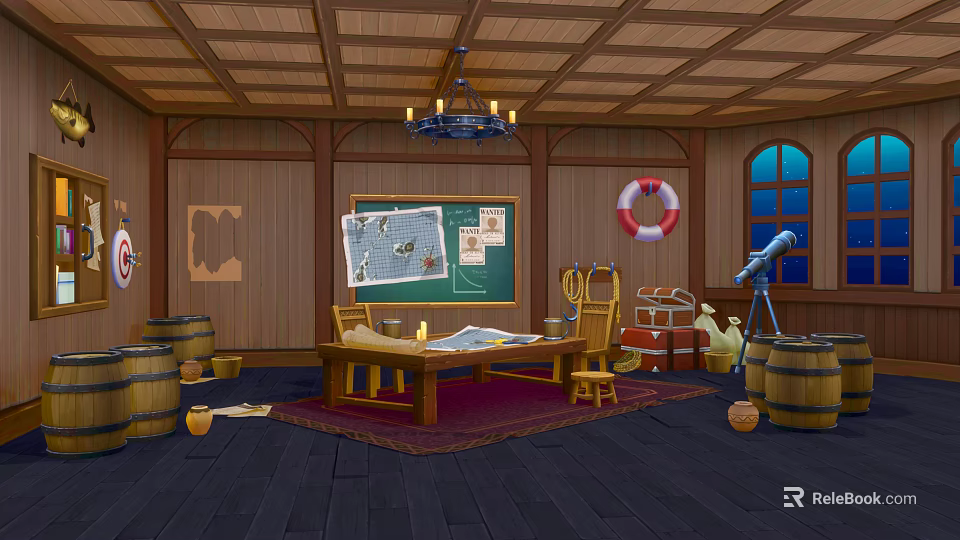Cartoon Nautical Scene With Wooden Ceiling Chandelier Blackboard Map Lifebuoy Telescope Barrels And Table 3d model 