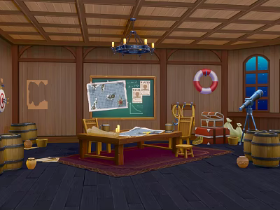 Cartoon Nautical Scene With Wooden Ceiling Chandelier Blackboard Map Lifebuoy Telescope Barrels And Table 3d model