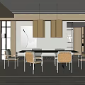 Modern Restaurant Interior with Long Dining Table Chairs and Two Pendant Lights in Minimalist Style