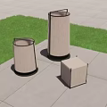 Modern Outdoor Floor Lamps With Various Shapes Fabric Shades And Metal Frames On Stone Patio