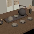Traditional Japanese Tea Set With Black Teapot Tray And Ceramic Cups On Wooden Table