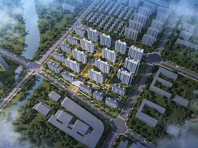 Aerial View Residential Community Planning With Buildings Green Spaces And River 3d model