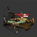 Vintage Wooden Boat With Colorful Mechanical Parts Antennas And Handcrafted Design