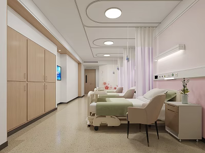 Spacious Hospital Outpatient Ward Interior With Comfortable Beds Medical Cabinets And Soft Curtains 3d model