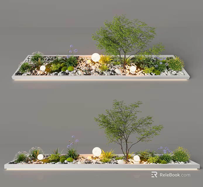 Modern Indoor Landscape With Rectangular Planter Tree Various Green Plants Pebbles And Round Lights 3d model