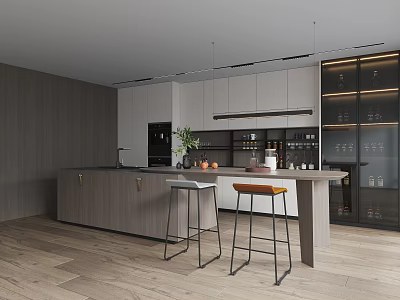 Modern Restaurant Kitchen With Open Concept Island Bar Stools Wooden Floors And Wine Cabinets 3d model